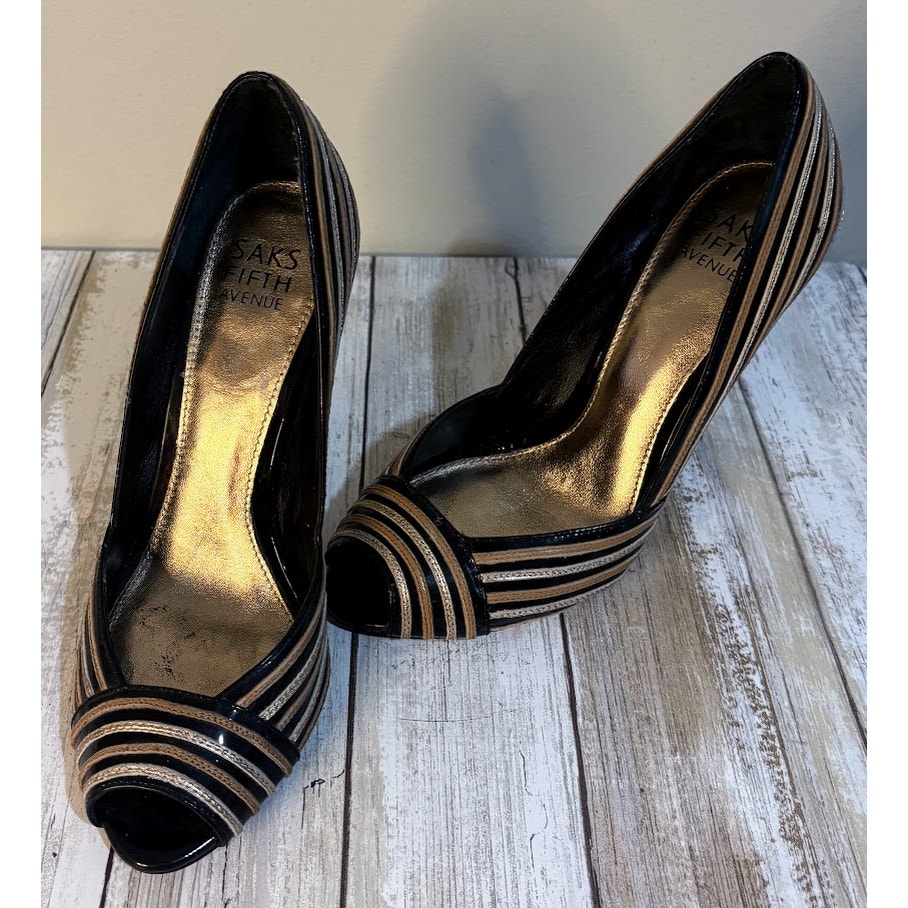 Saks Fifth Avenue Gold, Black, & Silver Peep Toe Heels Size 6